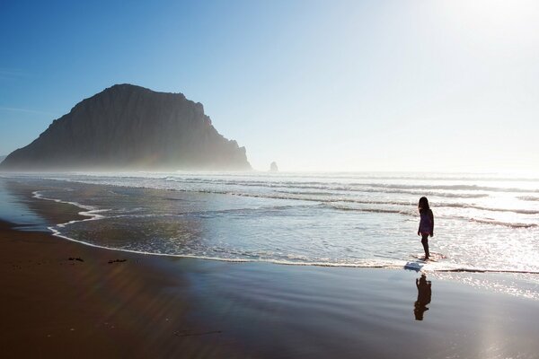 Silhouette of a girl on the serene seashore