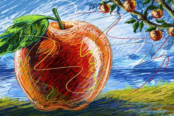 Drawing of a giant apple on a blue background next to an apple tree