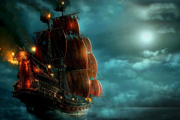 A ship with red sails sails in the night