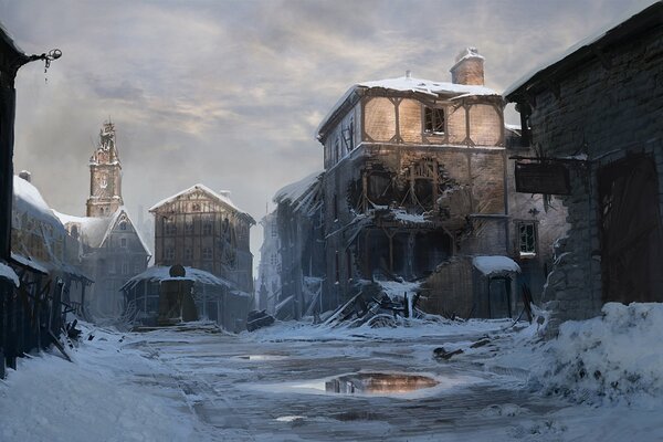Разрушенный город зимой рисунок