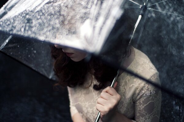 A girl hides from the rain under a transparent umbrella