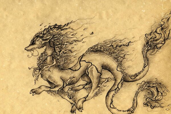 Рисунок огненного дракона на пергаменте