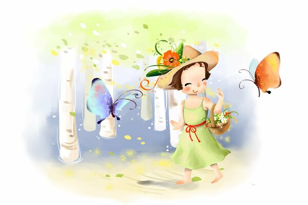Рисунок девочки с корзинкой цветов на лужайке