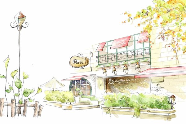 Dessin aquarelle de la façade du café