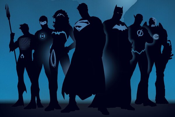 Silhouettes of Justice League super heroes on a blue background