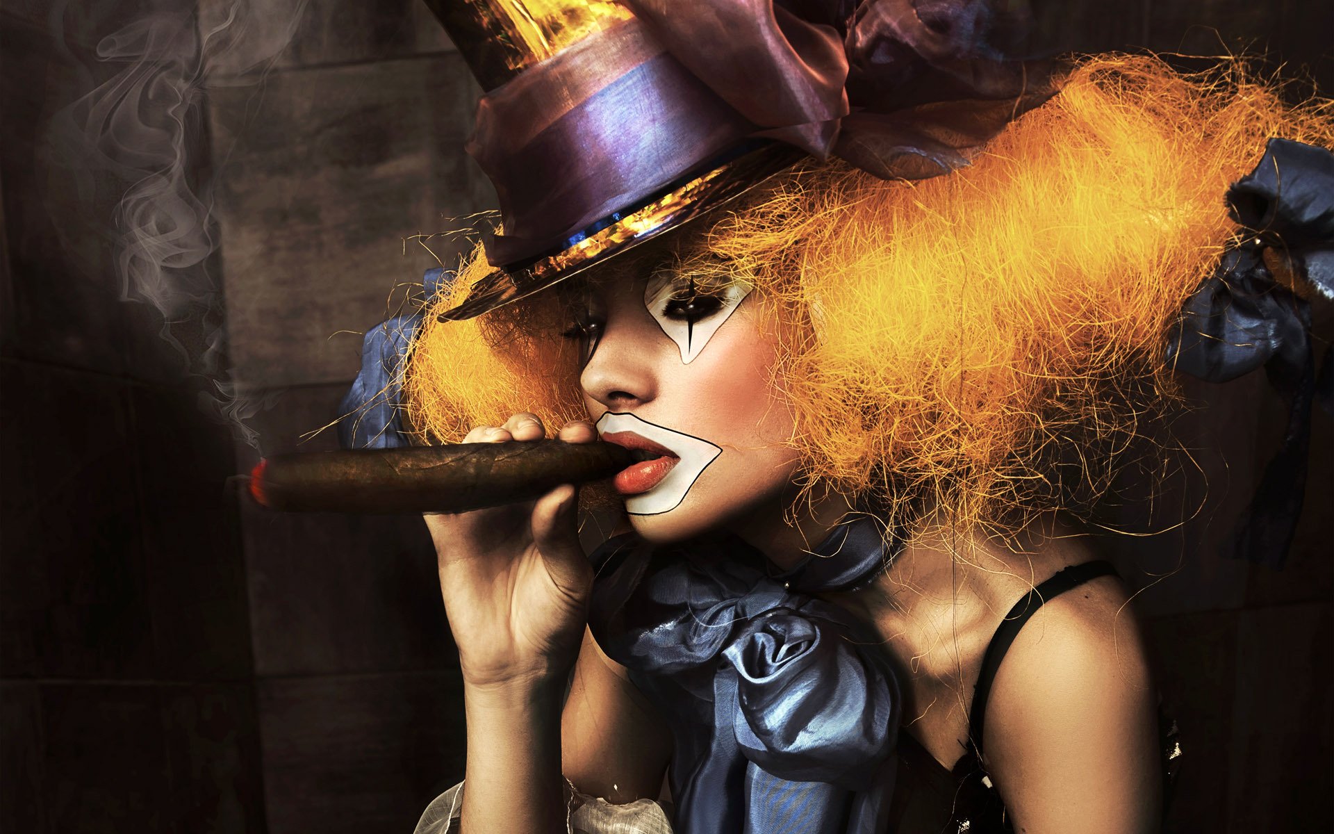 girl clown makeup cigar portrait hat bow smoke