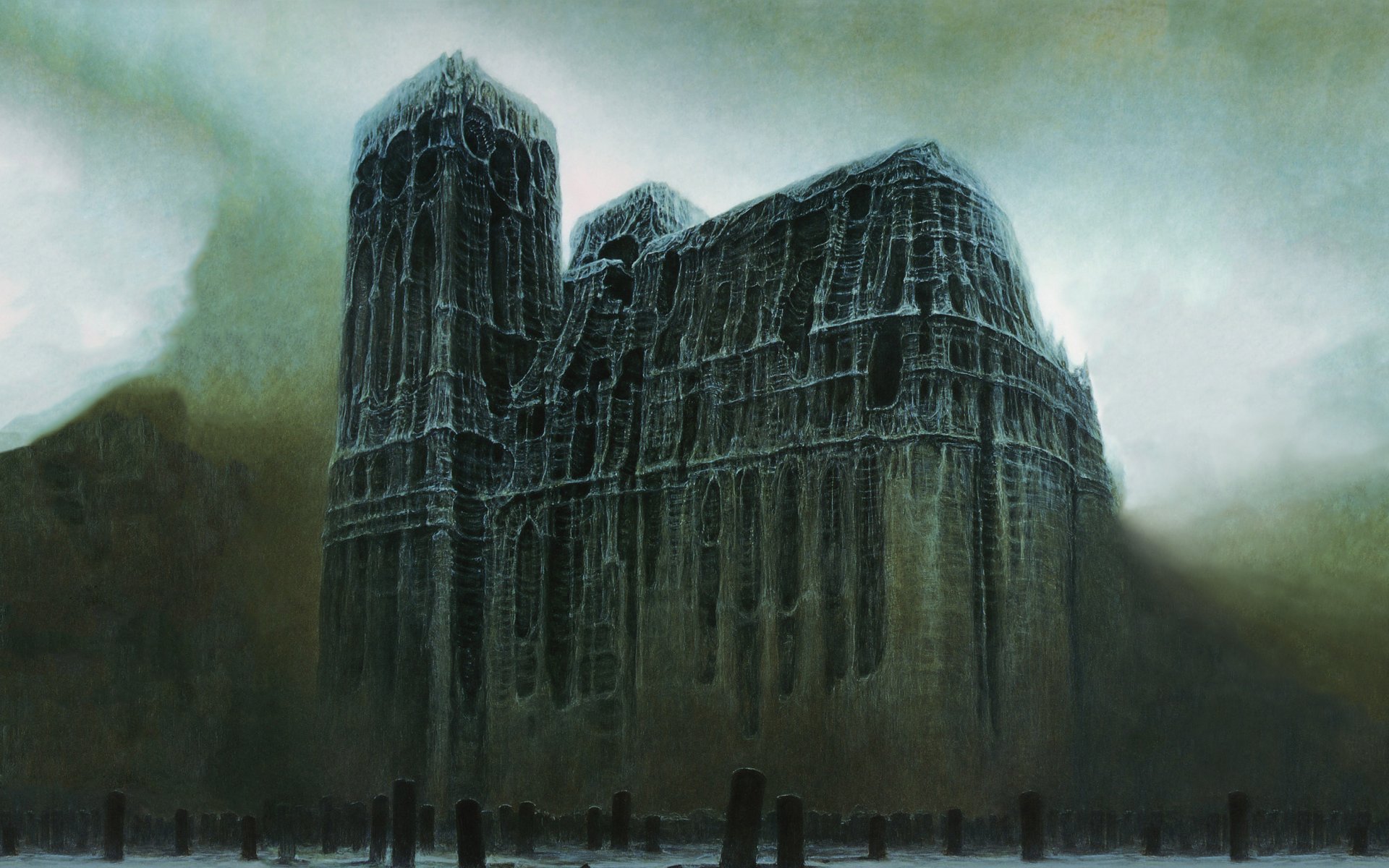 zdzislaw beksinski zdzislaw beksinski cementerio lápidas losas catedral de huesos oscuridad surrealismo post-apocalíptico