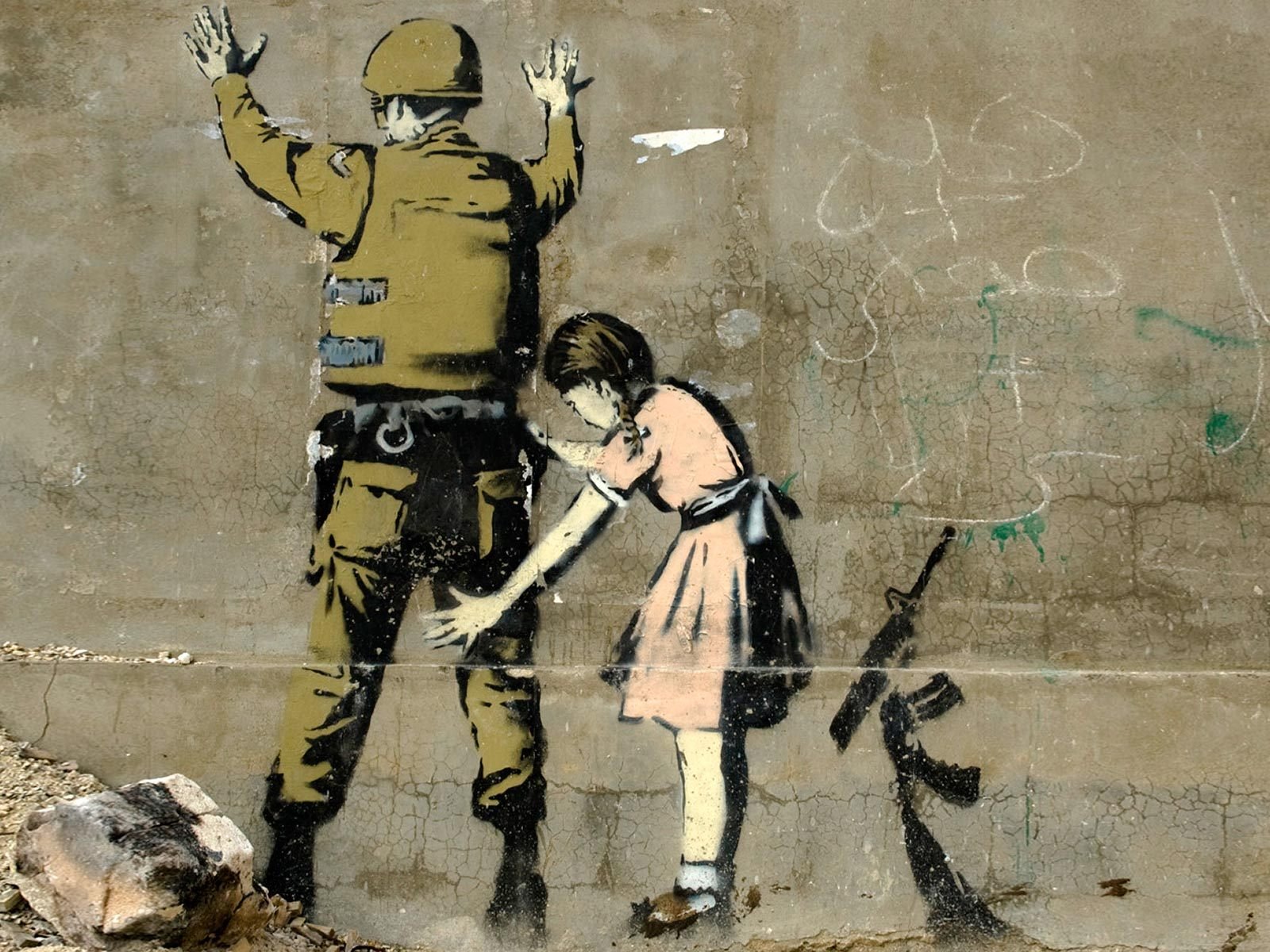 girl searching a soldier graffiti banksy