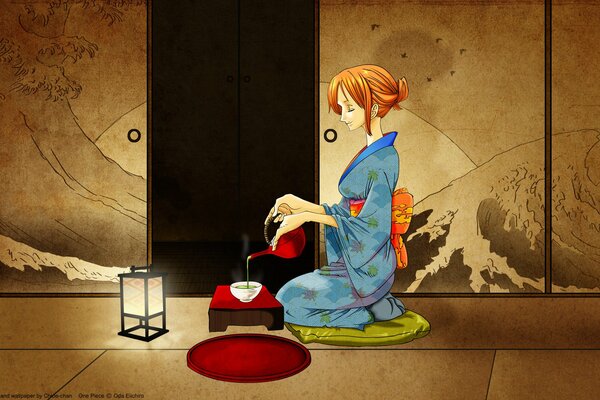 Dessin d une Geisha dans un kimono japonais avec du thé