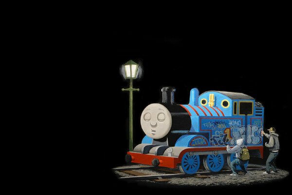 Thomas train dormant avec des graffitis