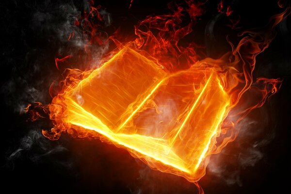 A book in flames on a black background