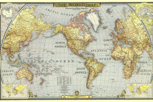 Mapa del mundo con continentes, inscripciones y océanos fondos de pantalla