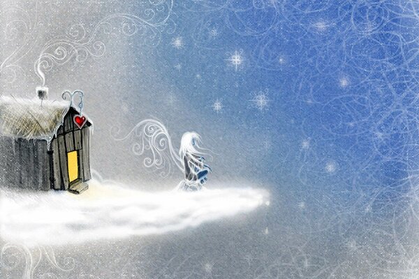 Winter house with an angel and falling snowflakes