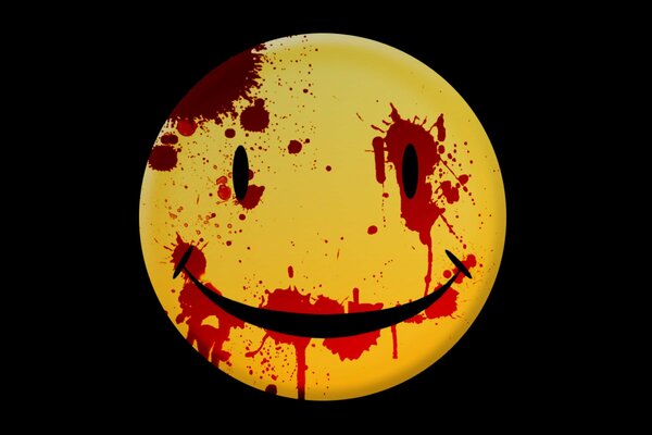 Ein gruseliger gelber Vampir-Smiley, der unordentlich Blut getrunken hat