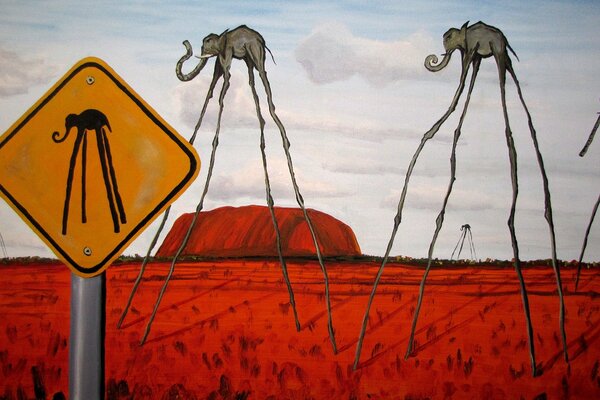 Imagen de Salvador Dalí elefantes en un campo rojo con piernas largas