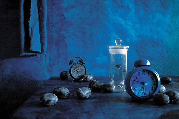 Monochrome, plums and alarm clocks on a blue wall background