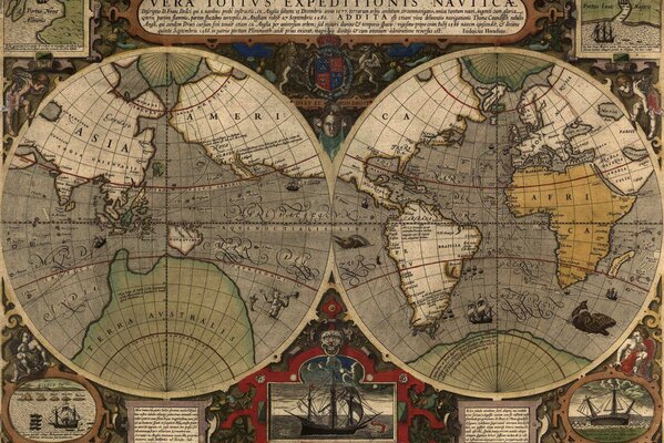 An old map of the world with a description on the poster