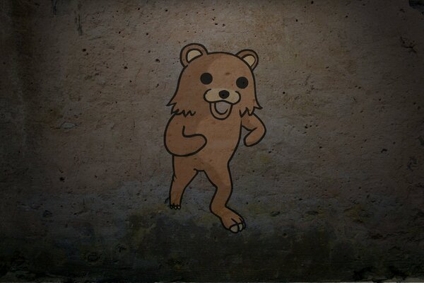 On a brown wall, a brown bear on