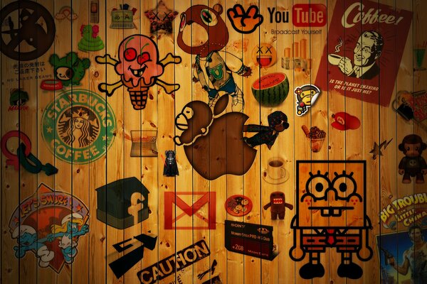 Famous intranet logos on a wooden wall