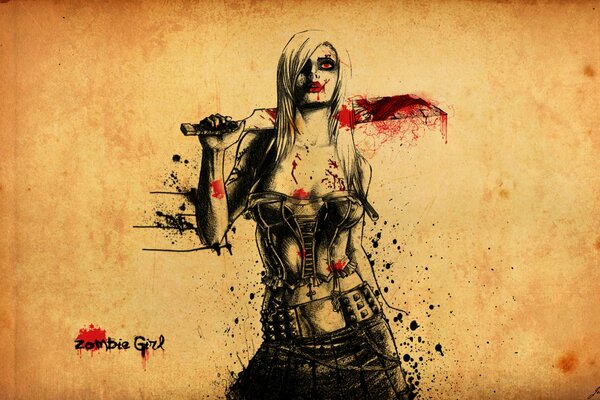 Zombie girl with a bloody sword