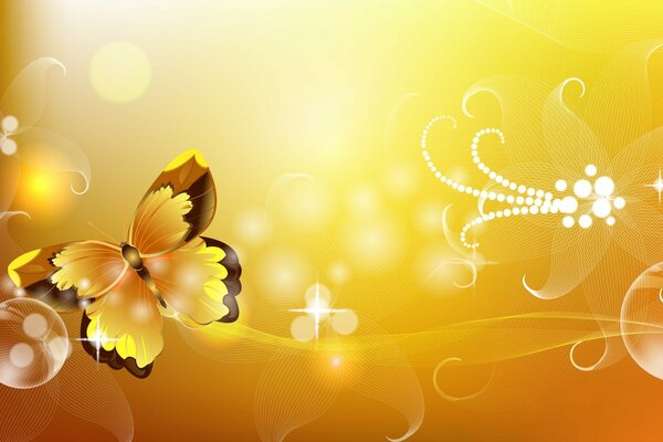 Schmetterling auf gelbem Hintergrund. Funken, Perlen, Perlen. Zeichnung