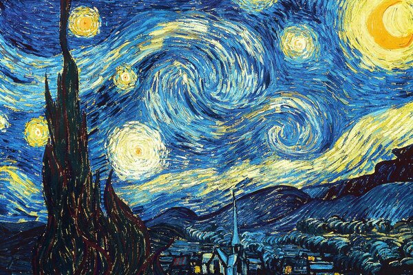 Le célèbre tableau nuit Étoilée de l artiste néerlandais Van Gogh, représentant la nuit descendant sur la ville 