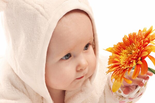 A curious baby and an orange flower