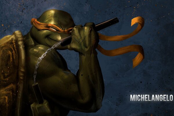 La tortue ninja de Michelangelo tient nunchakin