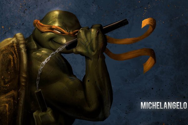 La tartaruga ninja di Michelangelo tiene il nunchakin