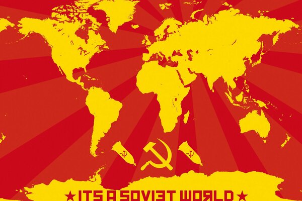 Red and yellow communist map of the world, with the image of falling bombs