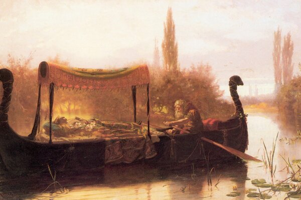 Image of a couple walking along the river on a boat with a canopy