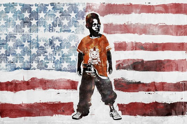 Na tle flagi Stanów Zjednoczonych malowany jest chłopiec patrzący w lewo, w spodniach Pistolet