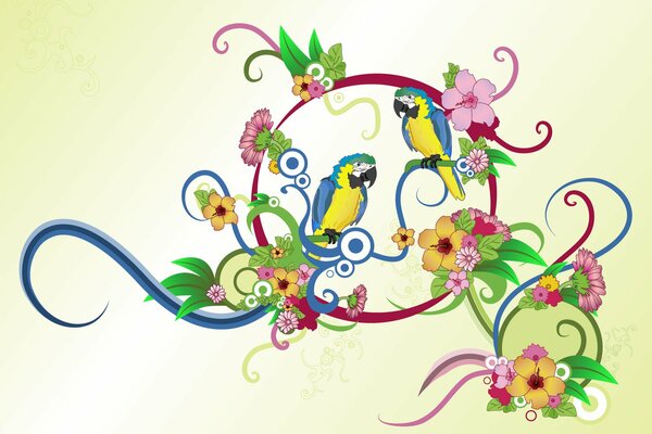 Пара попугаев на зеленом фоне с цветами