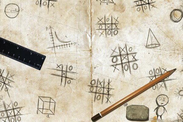 School supplies. Tic tac toe. Geometry