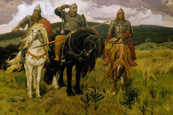 Klasyka Vasnetsova Wiktora Michajłowicza o trzech bohaterach na koniach