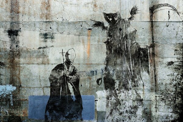 Painting on the wall in the form of the Pope and death
