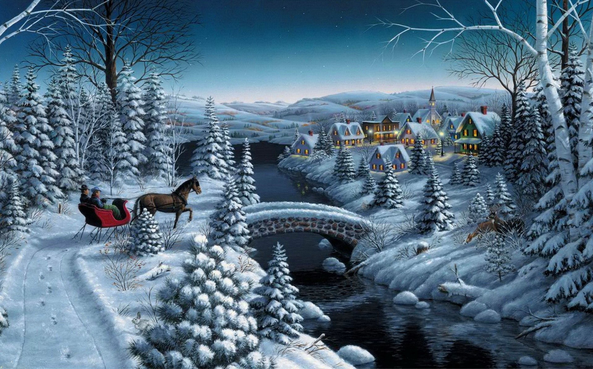 marca daehlin paz en la tierra pintura invierno nieve abeto árbol de navidad casa pueblo río puente carro trineo caballo estrellas noche año nuevo navidad