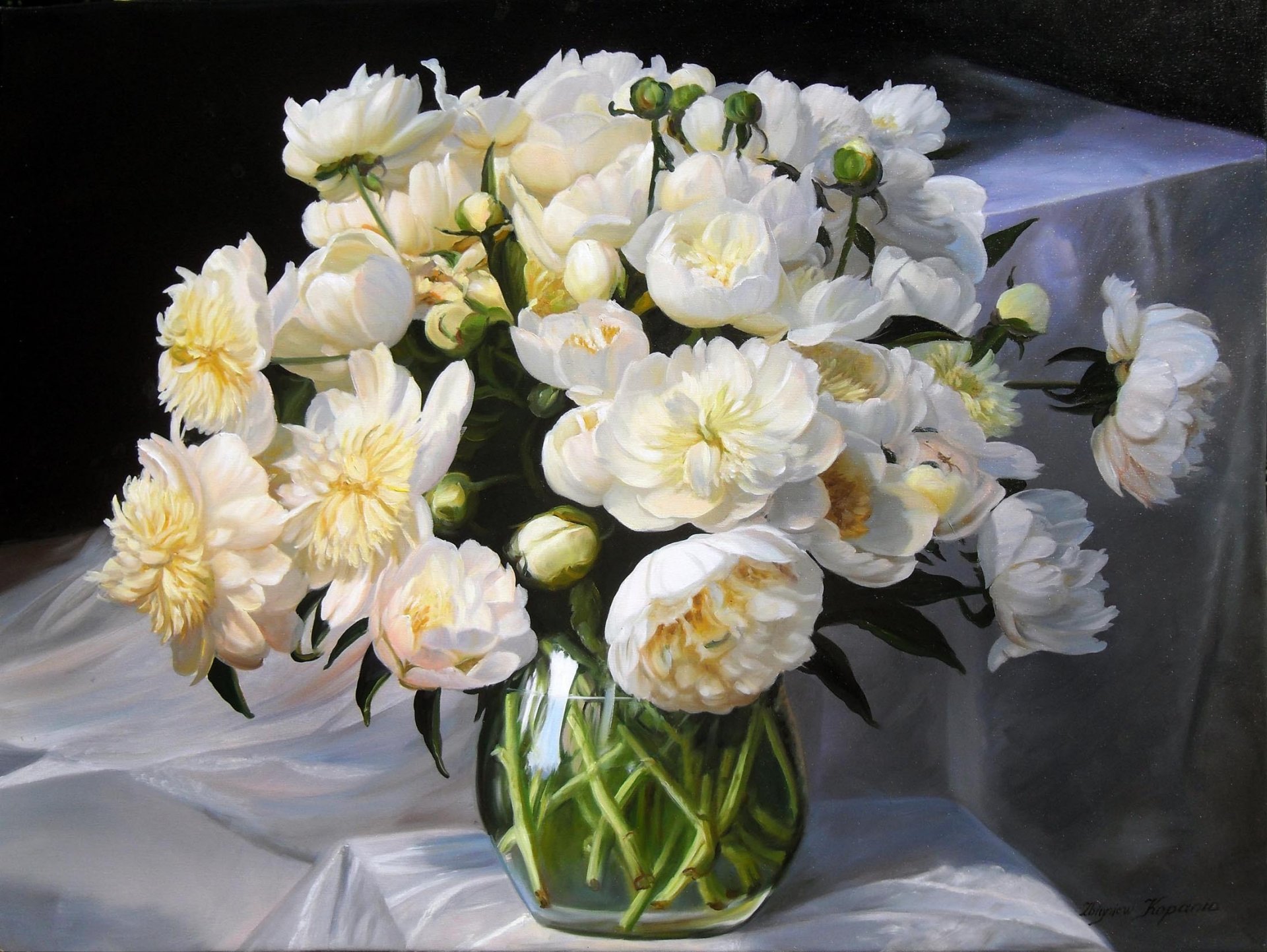 pintura zbigniew kopania naturaleza muerta flores ramo peonías blanco florero brotes tela