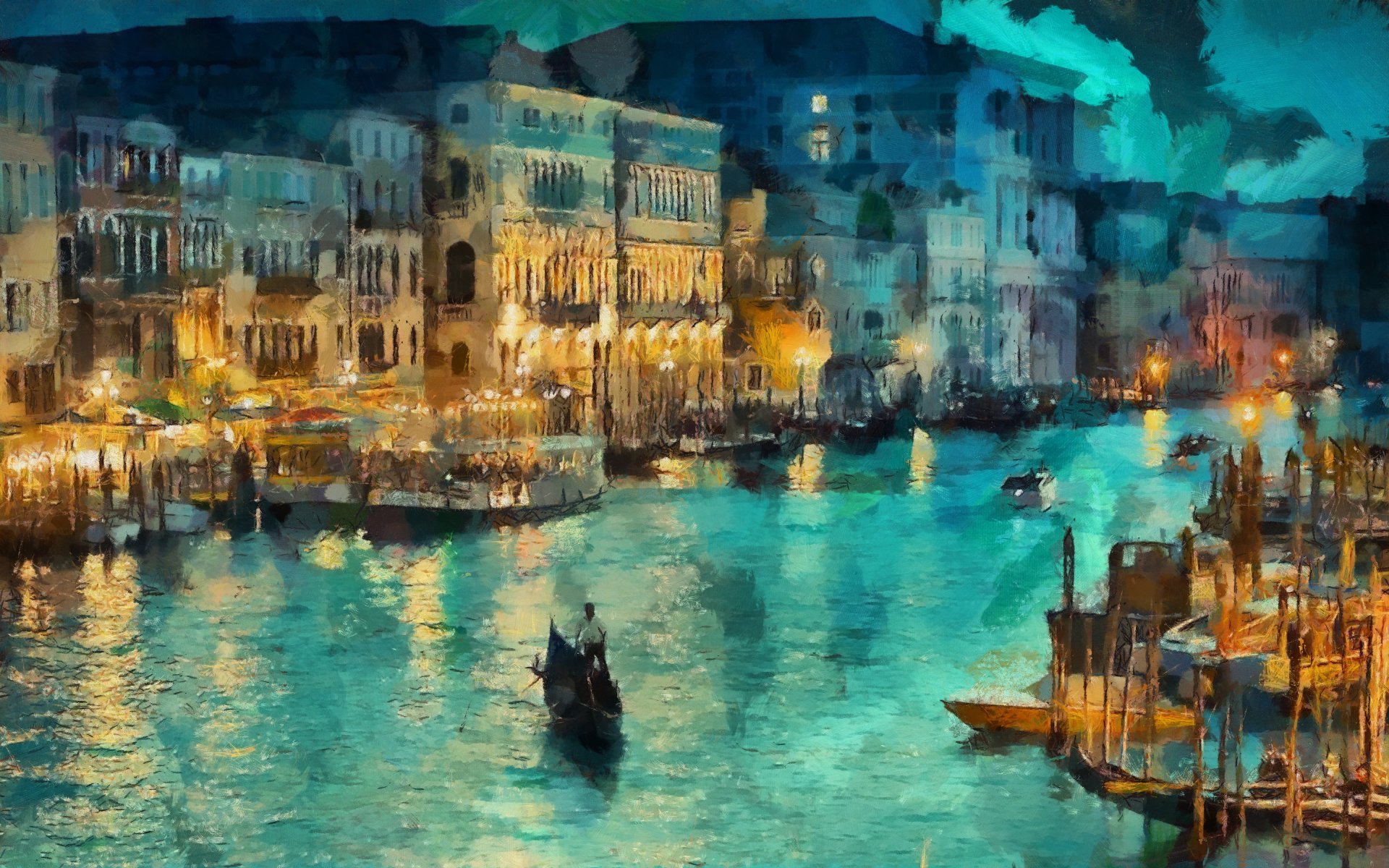 arte italia venezia canale notte luci case gondola barche luce