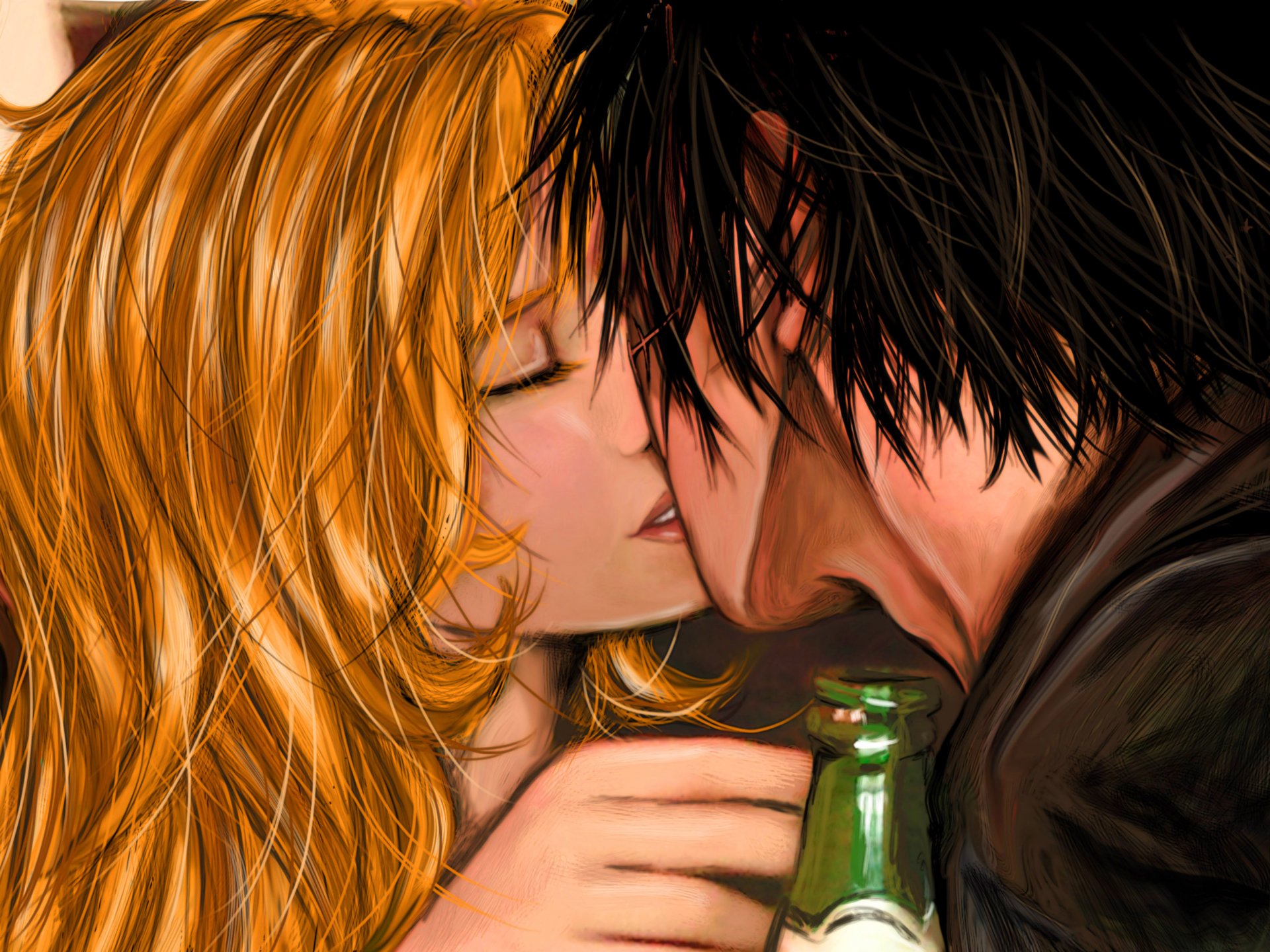 art girl guy love kiss the pair a bottle beer