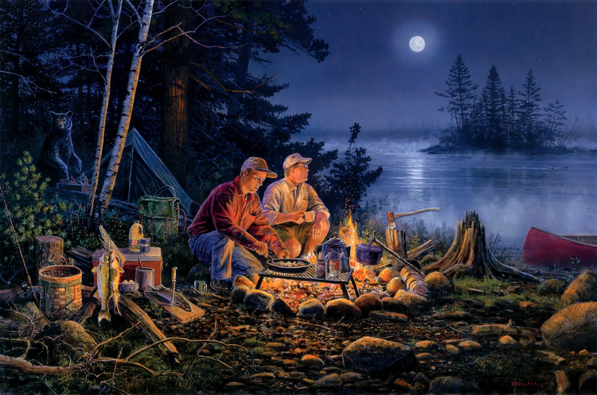 scott zellik guess whos wird zum abendessen kommen nacht mond wald zelt bär situation ungebetener gast angeln lagerfeuer abendessen wasser fluss see