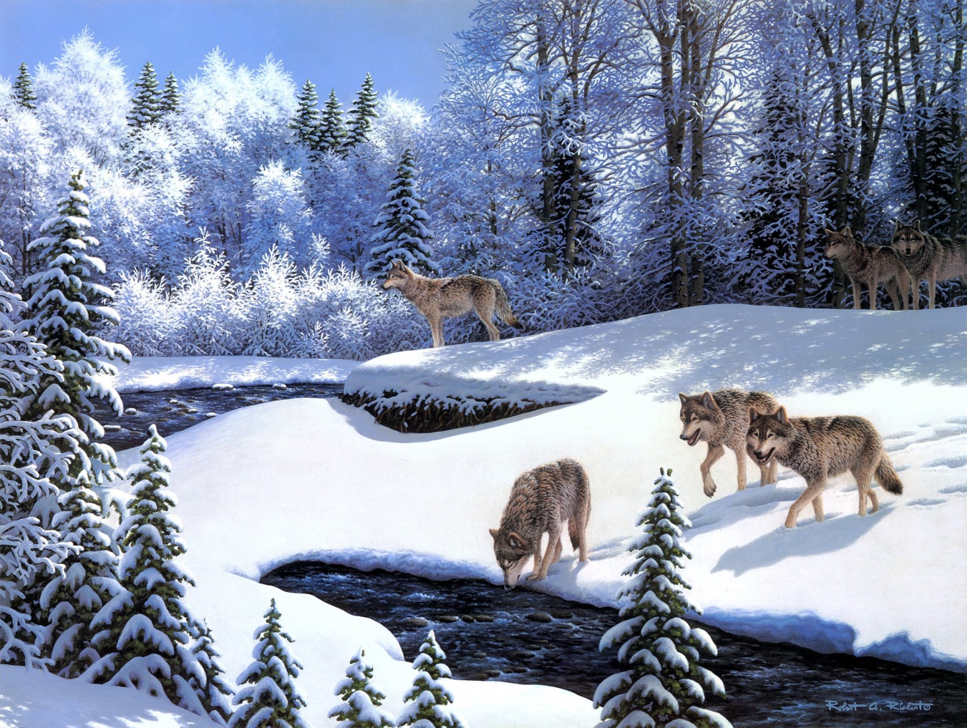 robert a. richert à la chasse peinture animaux loups meute de loups rivière neige hiver forêt de fées givre