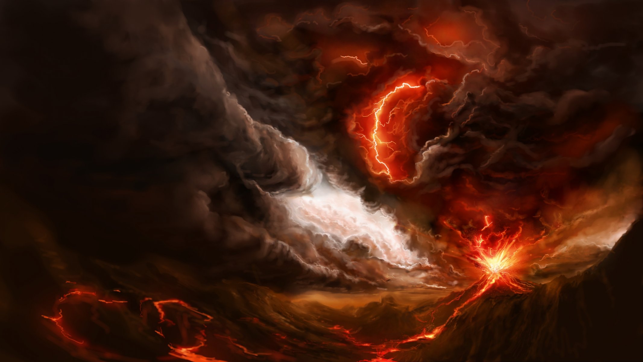 kunst vulkan berg lava feuer rauch eruption blitz gewitter sturm wolken