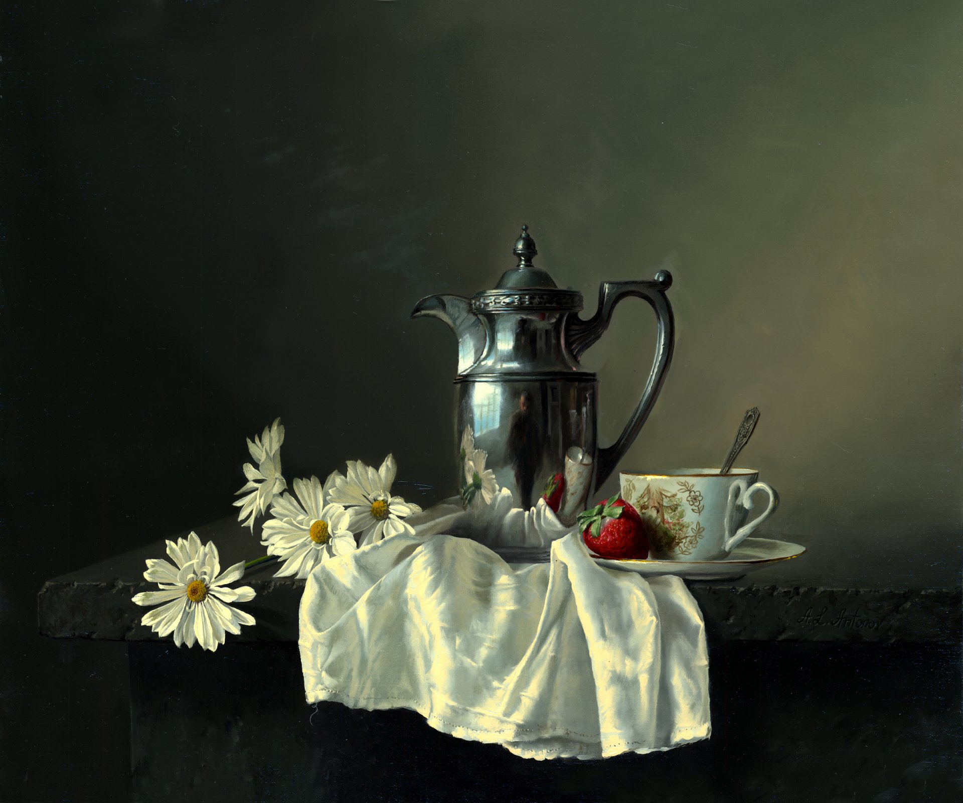 peinture nature morte alexei antonov table cafetière métal réflexion fleurs marguerites tasse soucoupe cuillère baie fraise mouchoir