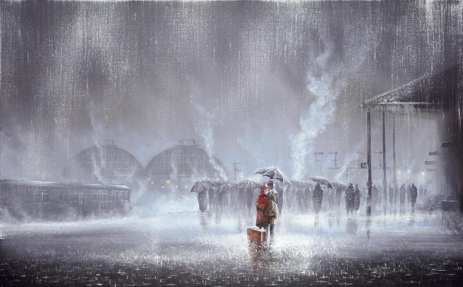 immagine jeff rowland pioggia stazione due incontro amore bacio uomo donna ombrelli valigia carro persone