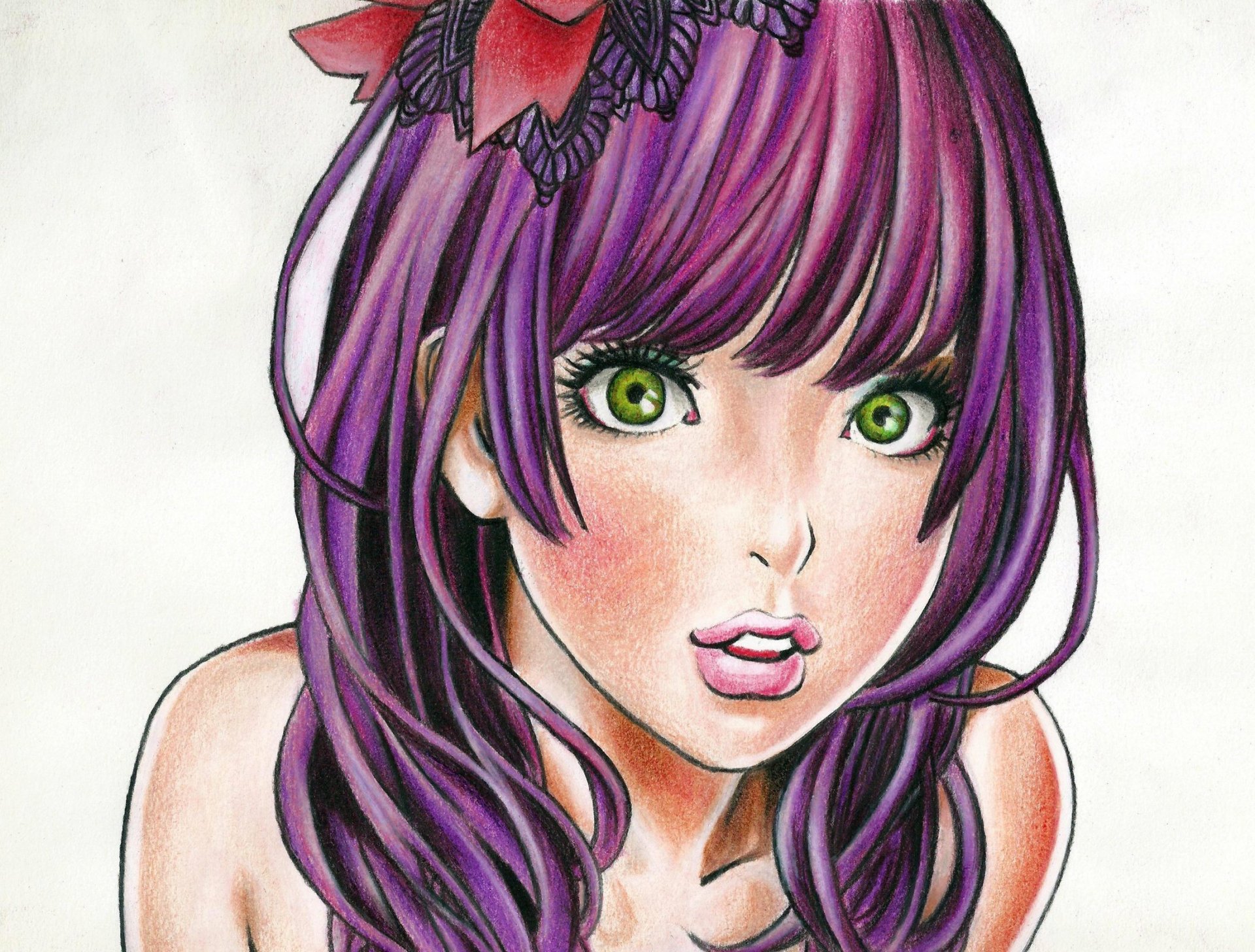 pintura shunya yamashita anime chica cara ojos verdes mirada pelo flor