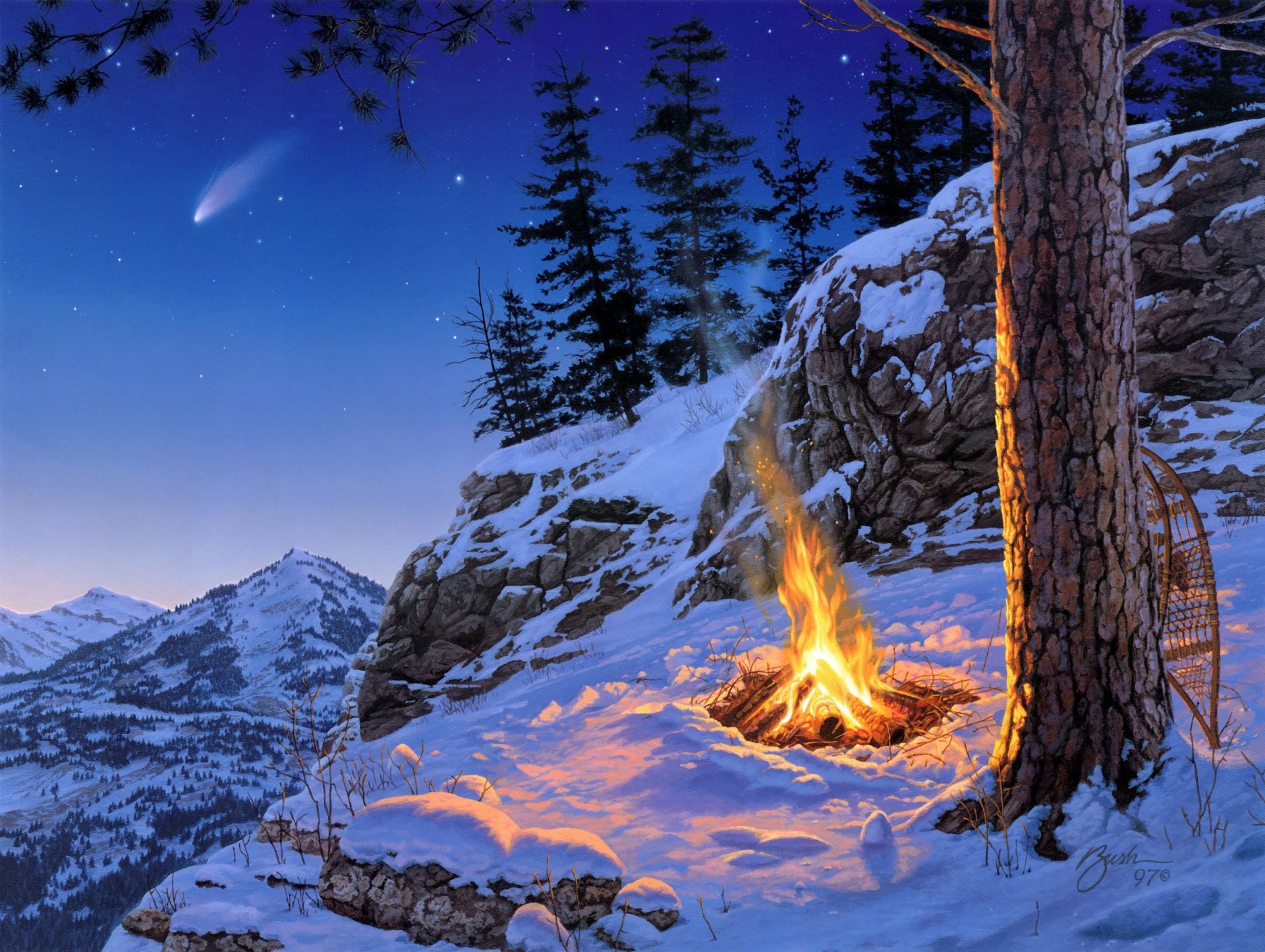 darrell bush une fois dans une vie peinture paysage fin de soirée nuit montagnes feu de joie pins épinette étoiles chute d étoiles neige hiver