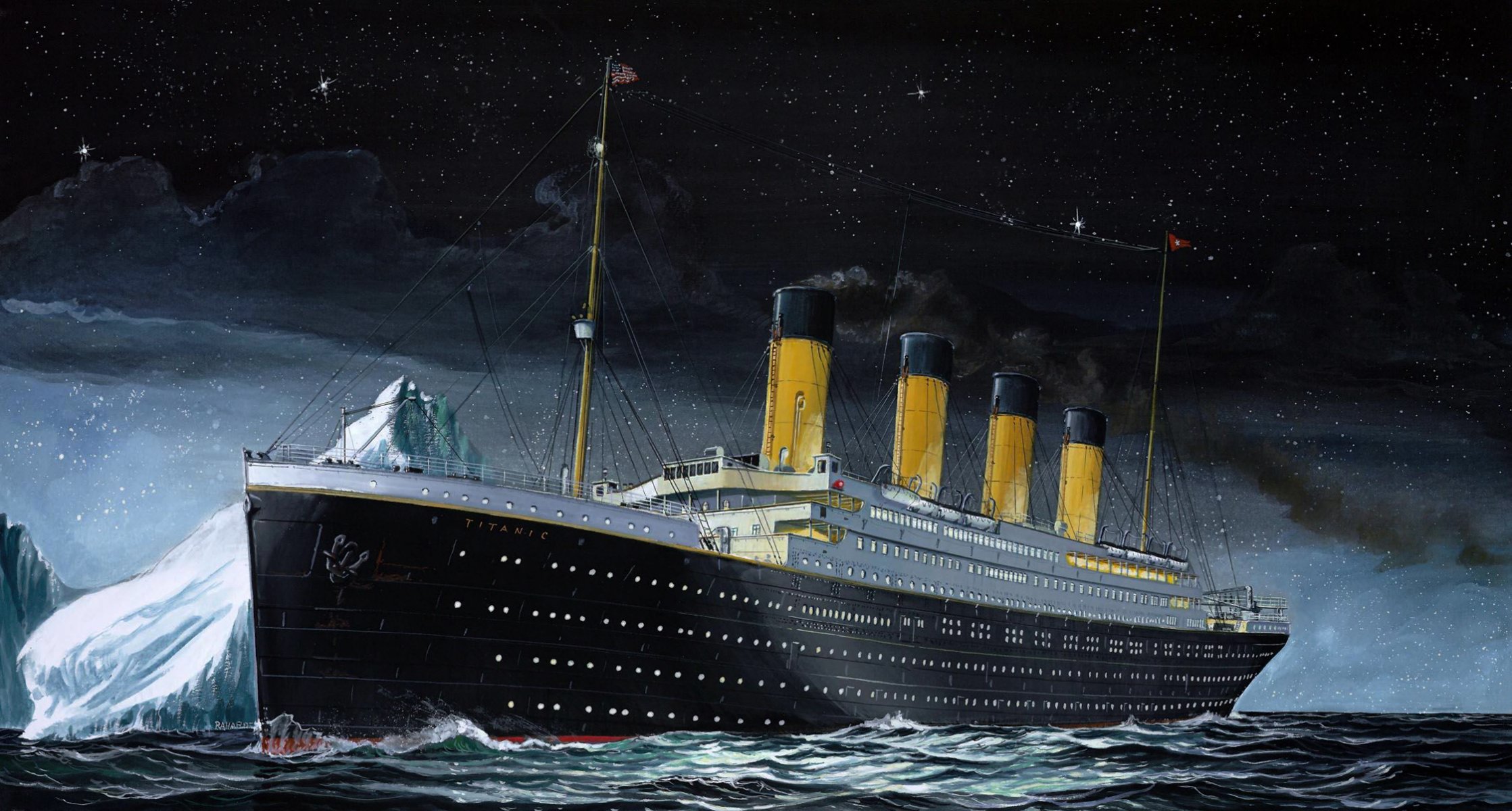 titanic passagierschiff liner schiff zeichnung unterwegs meer himmel eisberg nacht moment