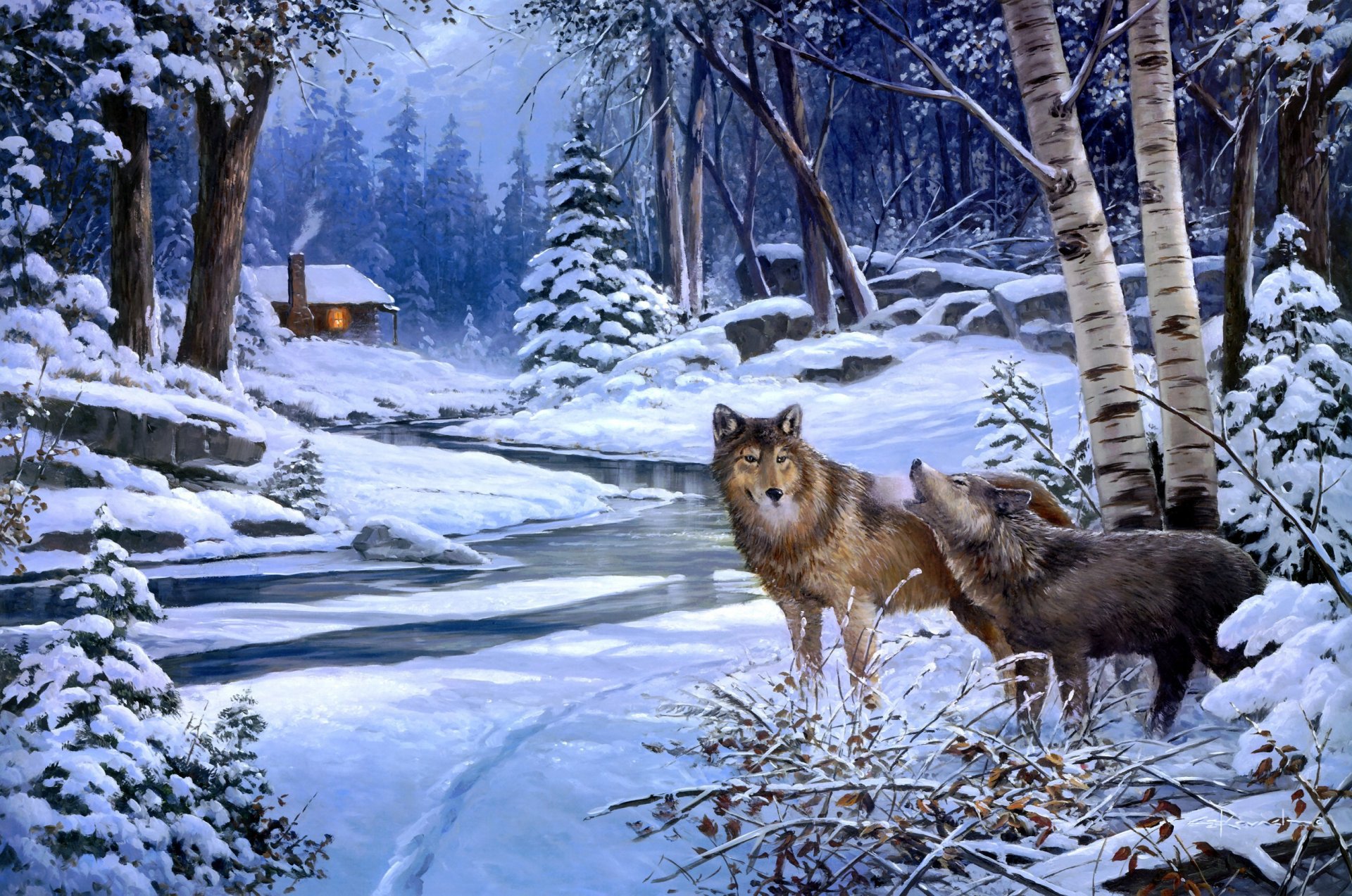 george kovach return to cabin creek painting animals wolf wolves winter snow forest river house hut