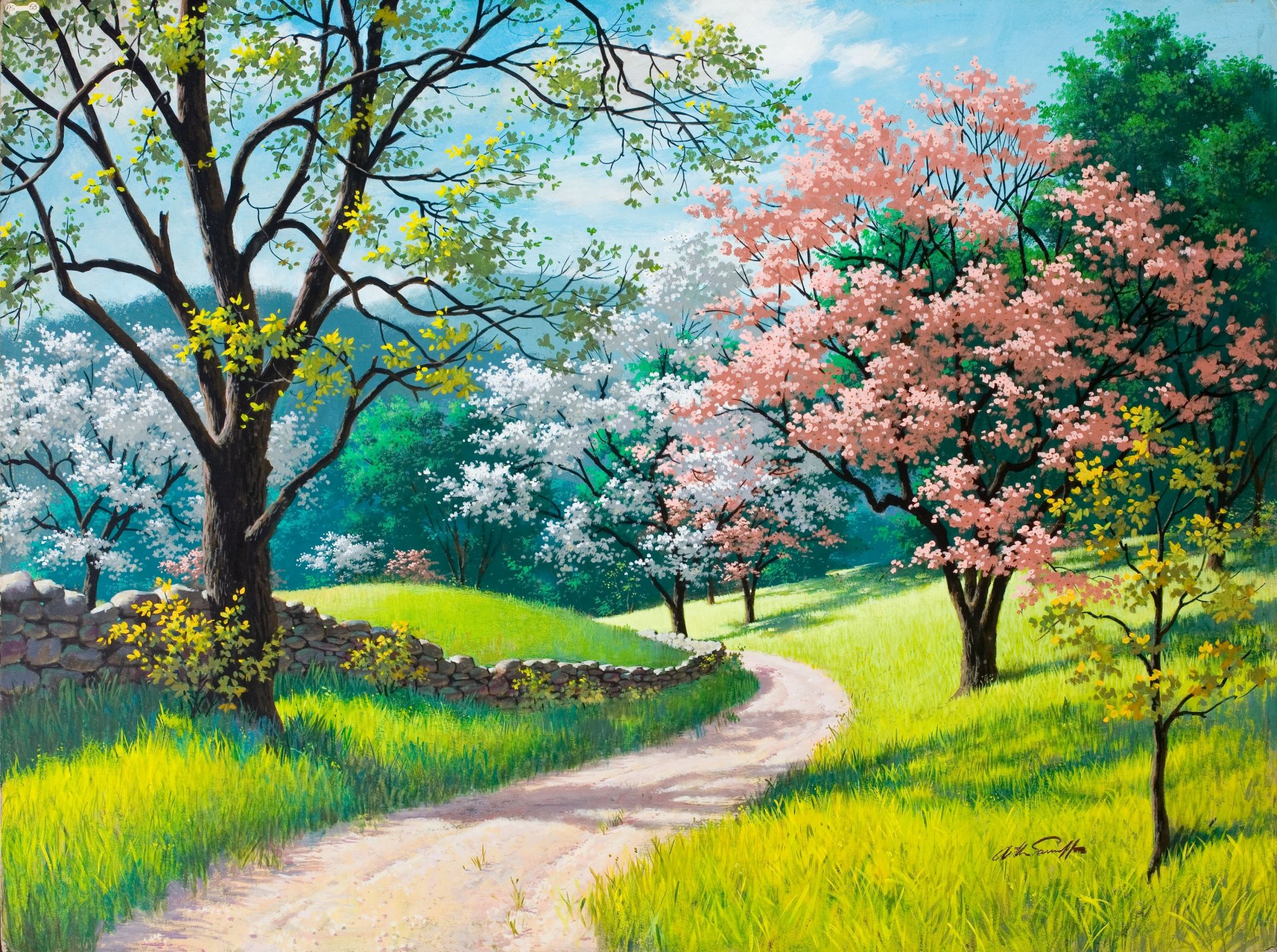 primavera fiorisce arthur sarona sarnow pittura primavera alberi in fiore erba verde strada recinzione in pietra